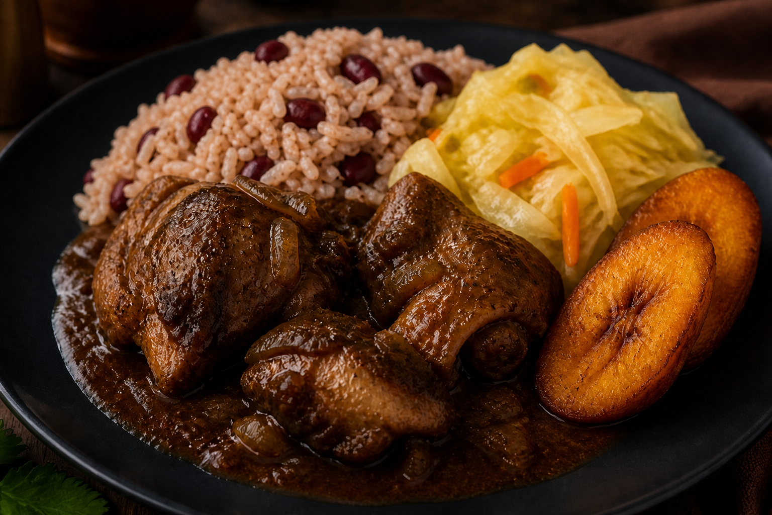 Brown Stew Chicken: Fried chicken sautéed down in brown stew gravy. Served with rice, cabbage and plantain.