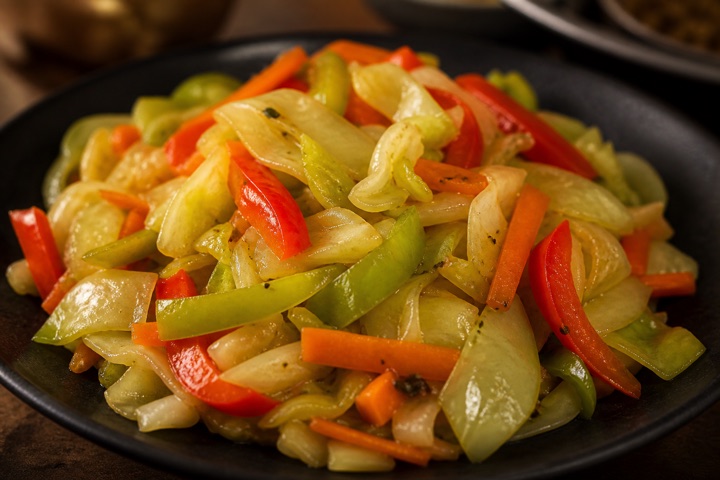 Cabbage: Cabbage, carrot, bell pepper & vegetables steamed down to perfection.