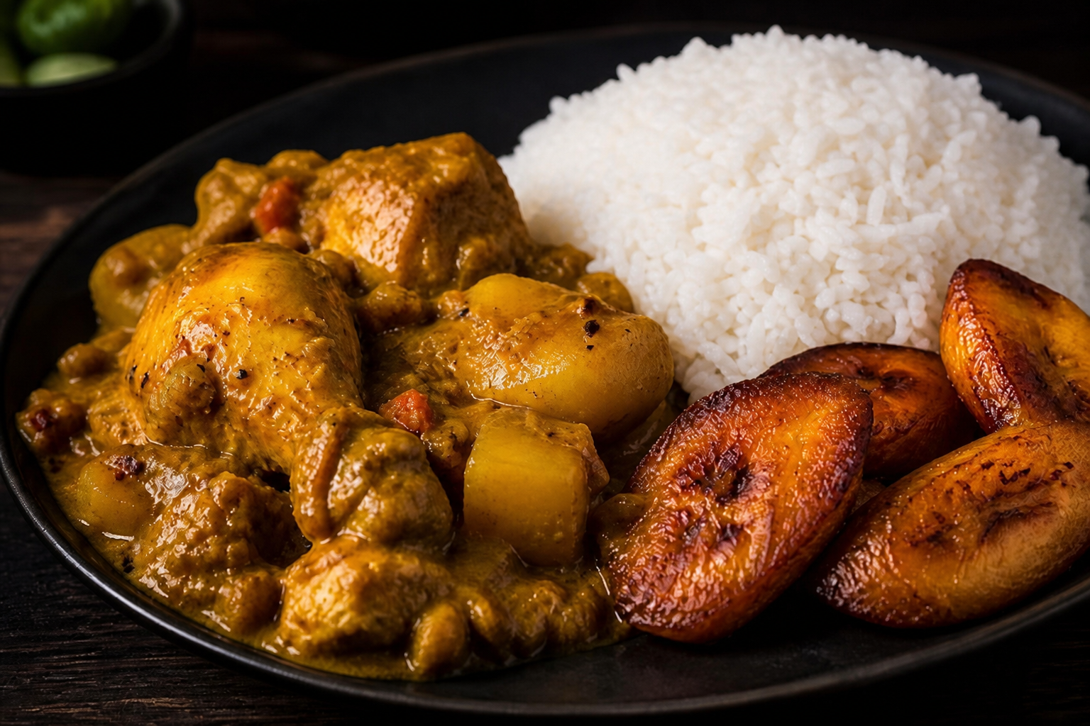 Curry Chicken: Chicken sautéed down in curry gravy. Served with rice, cabbage and plantain.