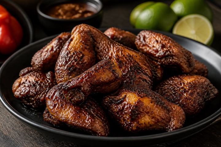 Jerk Chicken Wings: Chicken wings jerked on the charcoal grill to perfection, sautéed with jerk sauce. Served with rice, cabbage and plantain.