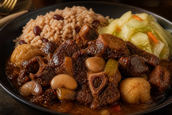 Oxtail: Oxtail pressured then sautéed down on the fire, with butter bean & spinner dumplings. Served with rice, cabbage and plantain.