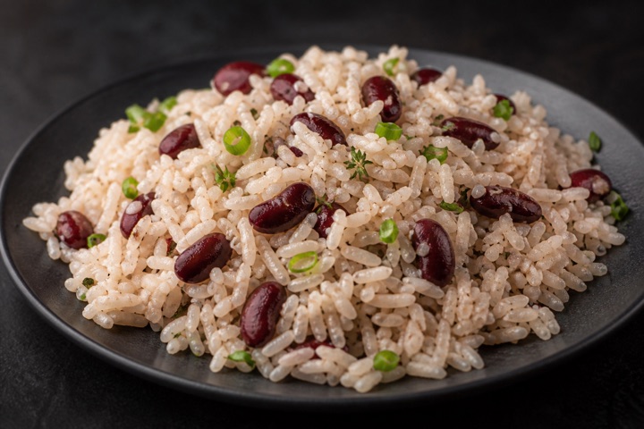 Rice & Peas: Rice and kidney beans seasoned and steamed down in coconut milk.