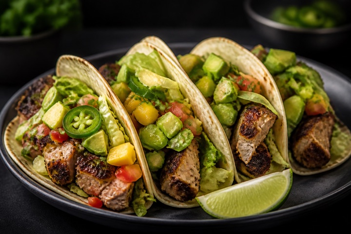 Tacos: Jerk chicken, chicken curry roti, or brown stew chicken with jalapeño pepper, avocado and lettuce.